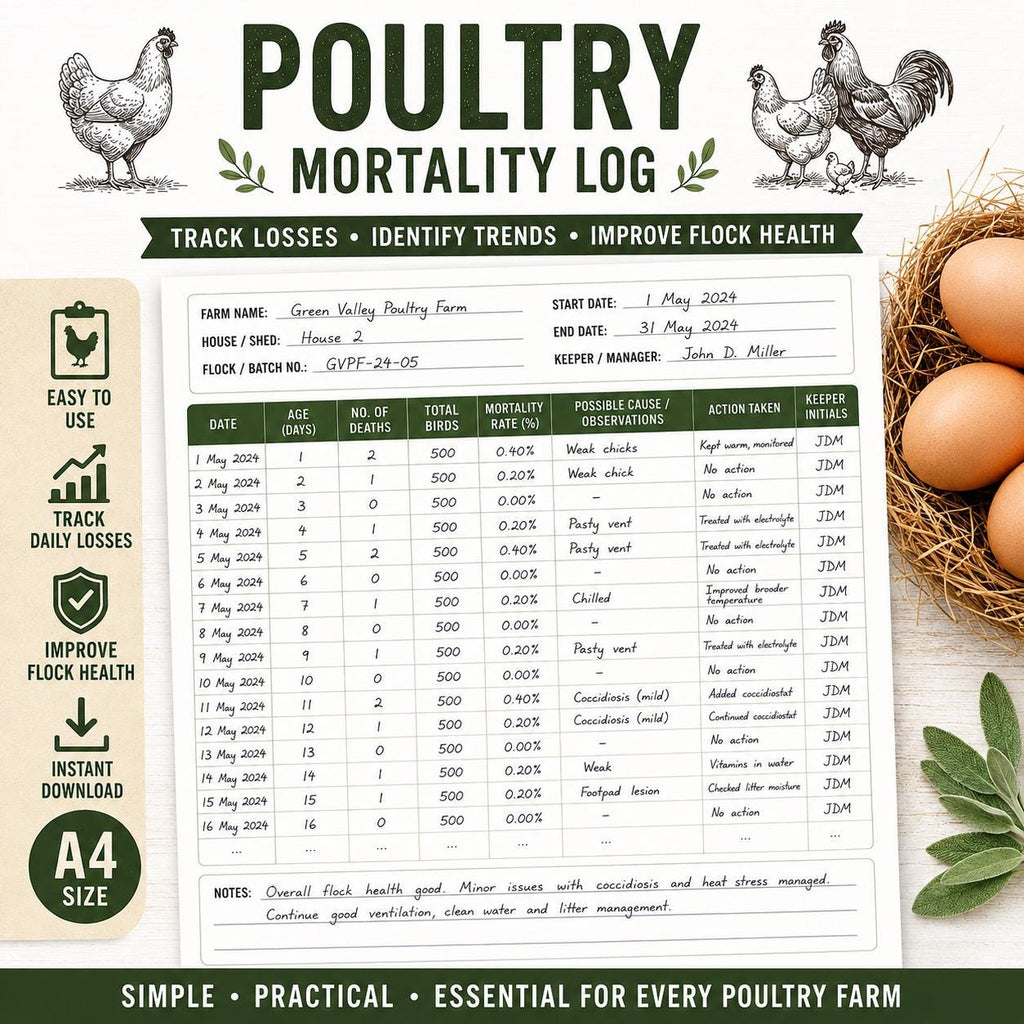 Chicken Mortality Log Printable Farm Record Sheet A4