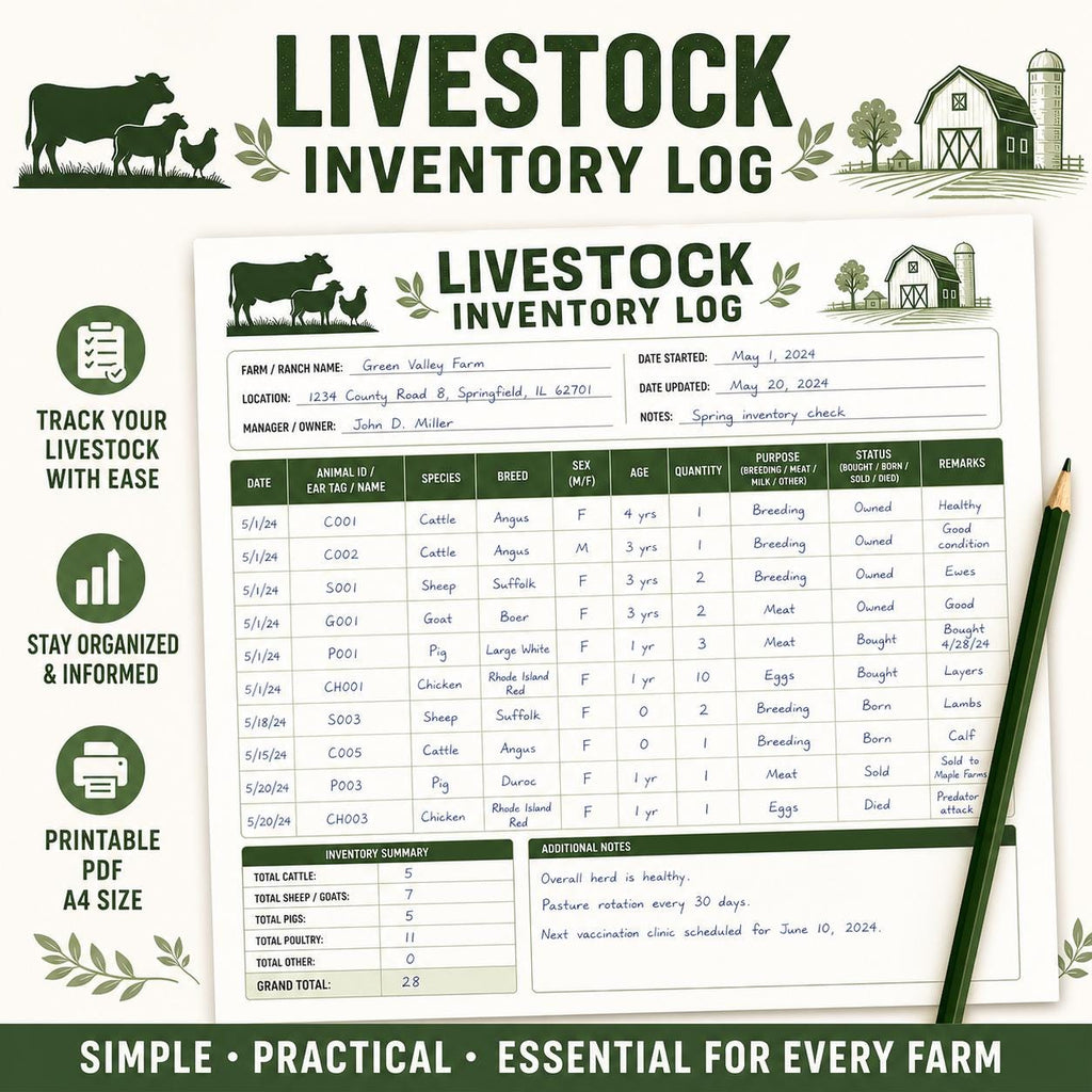 Livestock Inventory Log Printable PDF, Farm Animal Record Keeper A4 PDF