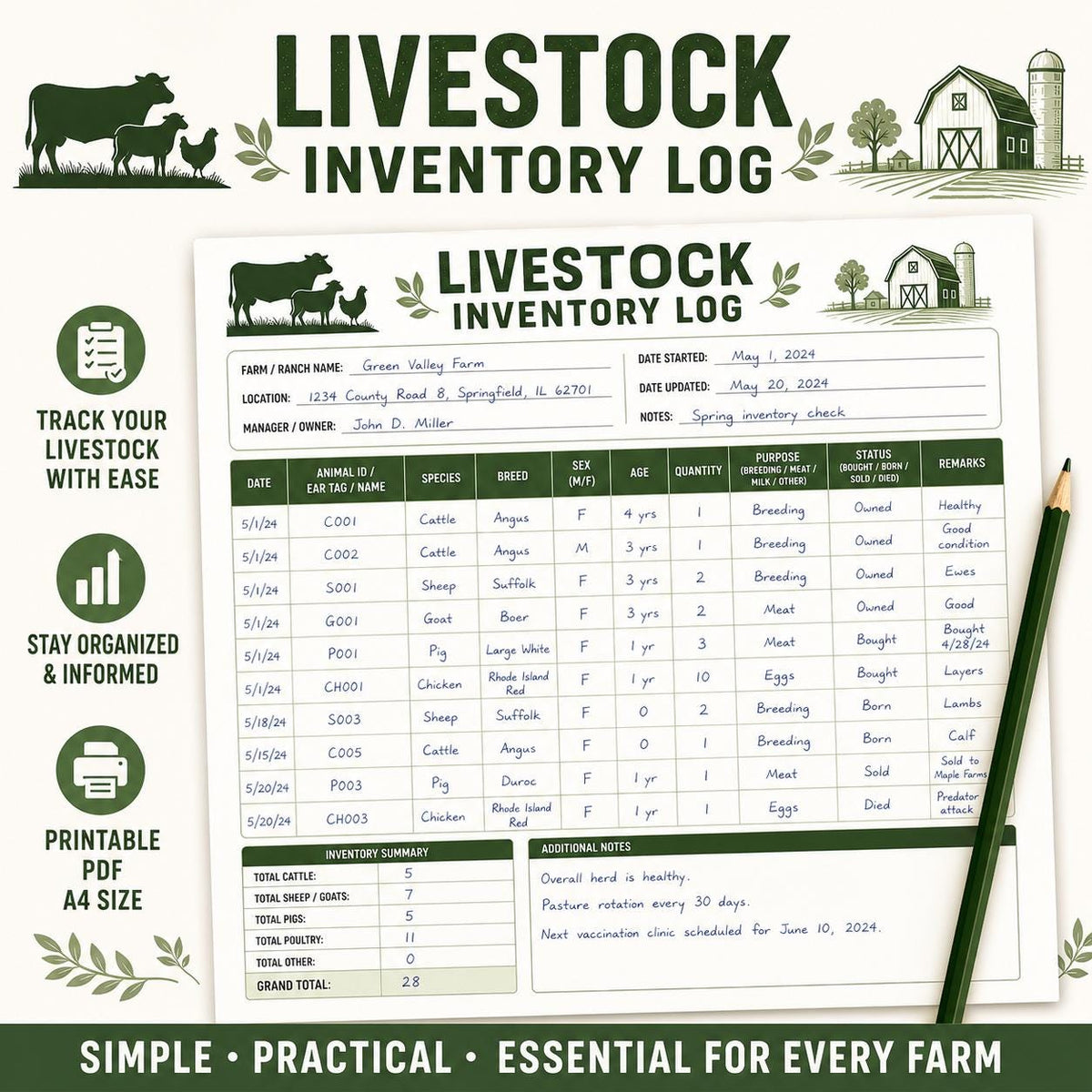 Livestock Inventory Log Printable PDF, Farm Animal Record Keeper A4 PDF