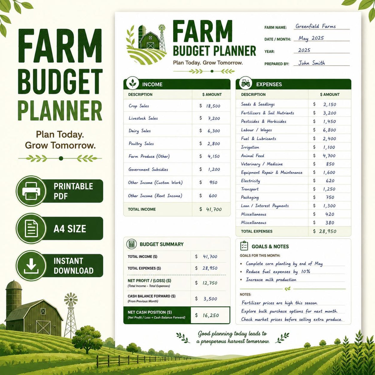 Farm Budget Planner Printable PDF | Farm Expense Tracker A4