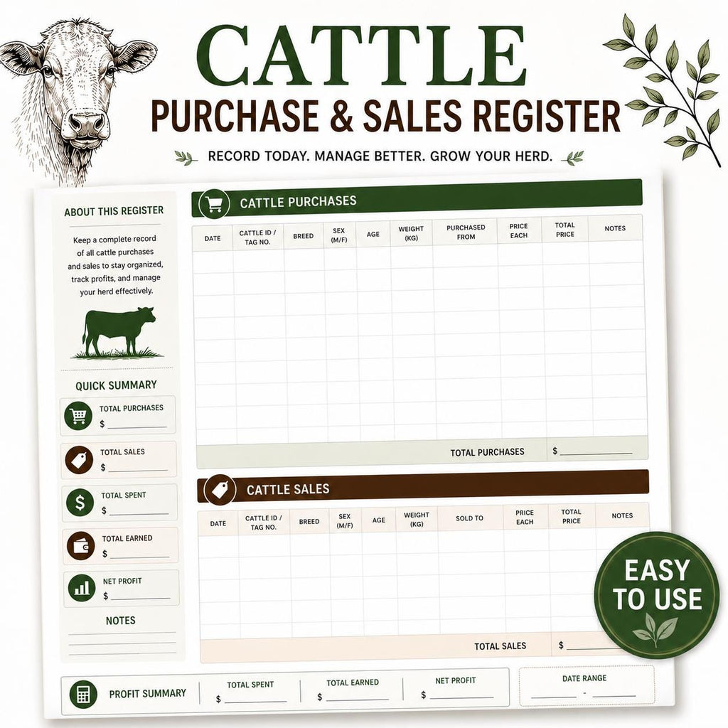 Cattle Purchase & Sales Register Printable | Livestock Record Book