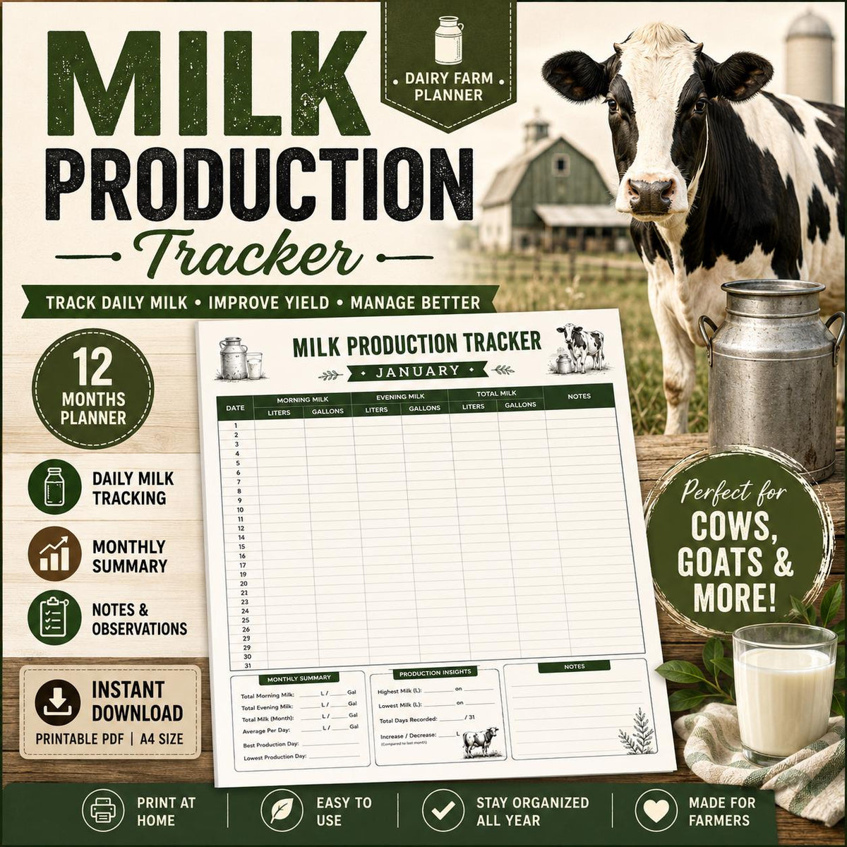 Milk Production Log | Dairy Farm Record Book for Cows & Goats PDF