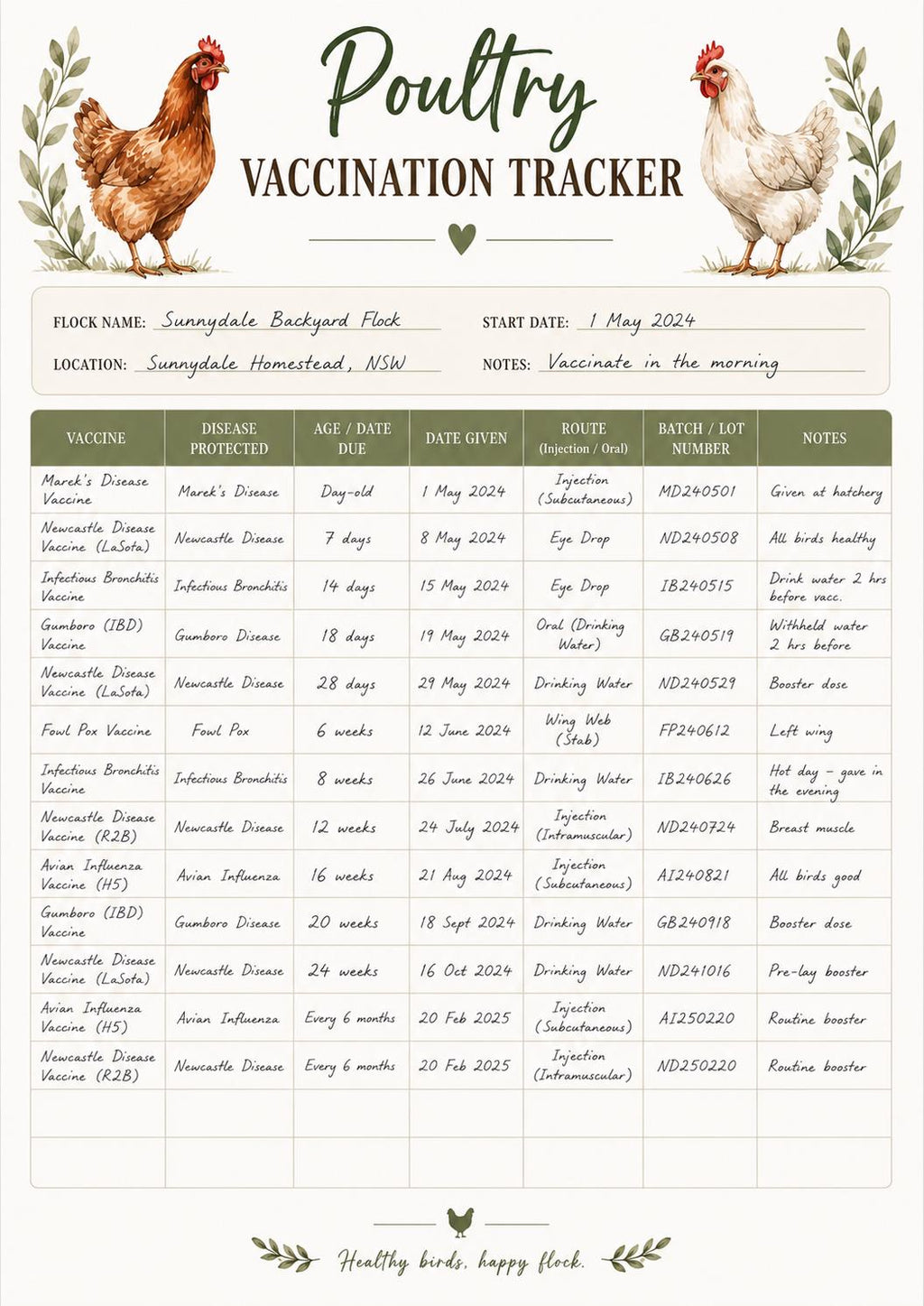 Poultry Vaccination Tracker | Chicken Health Record Log (A4 Instant Download)