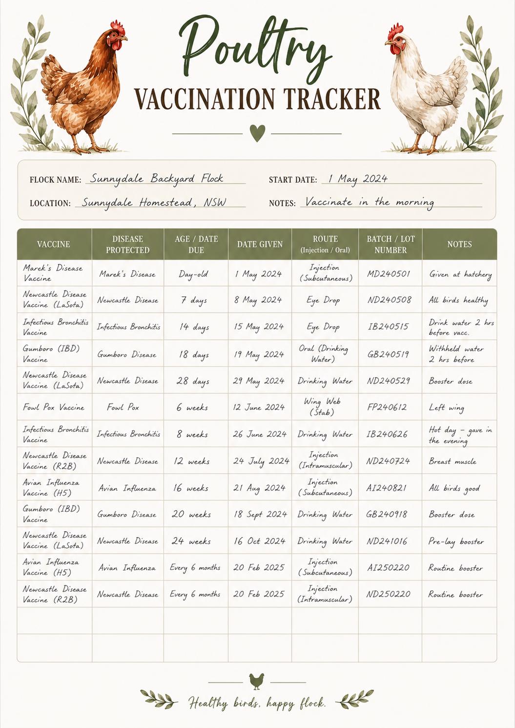 Poultry Vaccination Tracker | Chicken Health Record Log (A4 Instant Download)