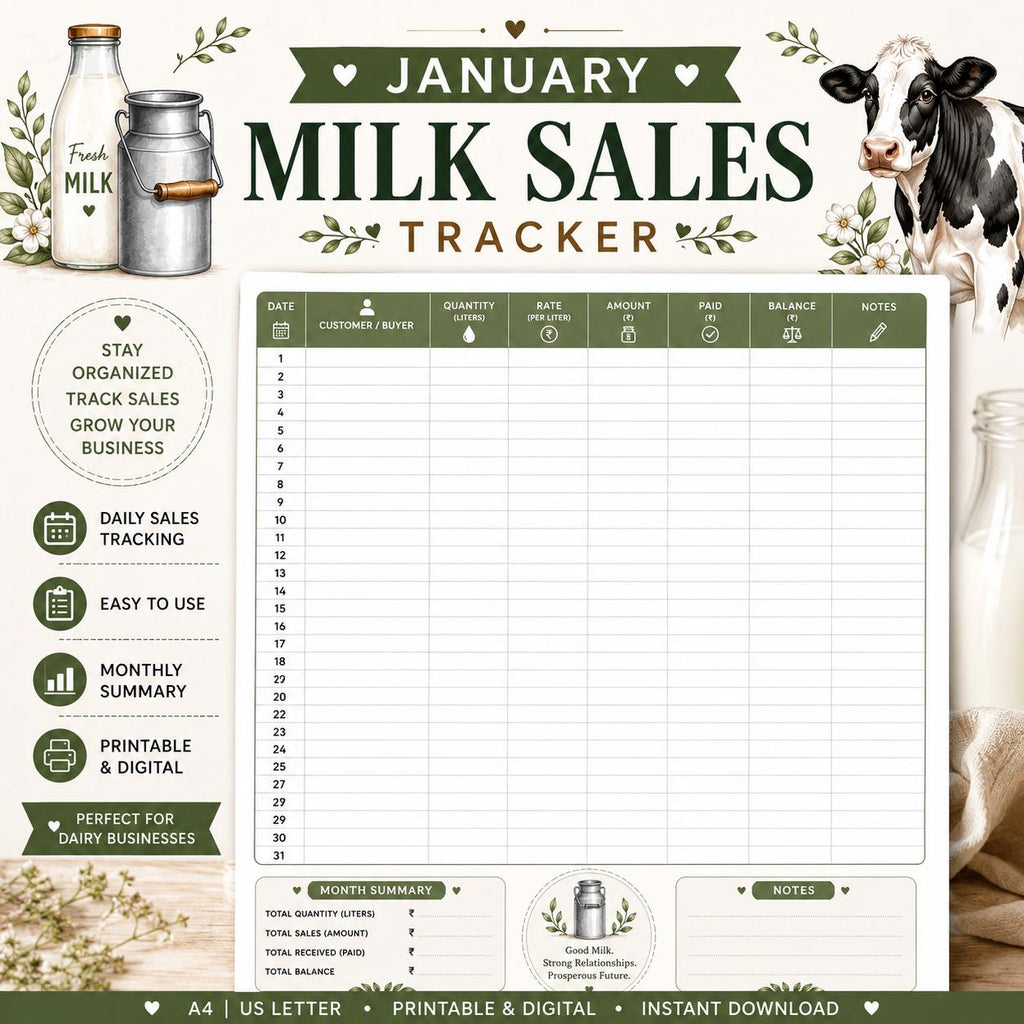 Milk Sales Tracker Printable, Dairy Farm Record Book, Daily Log (Digital Download)