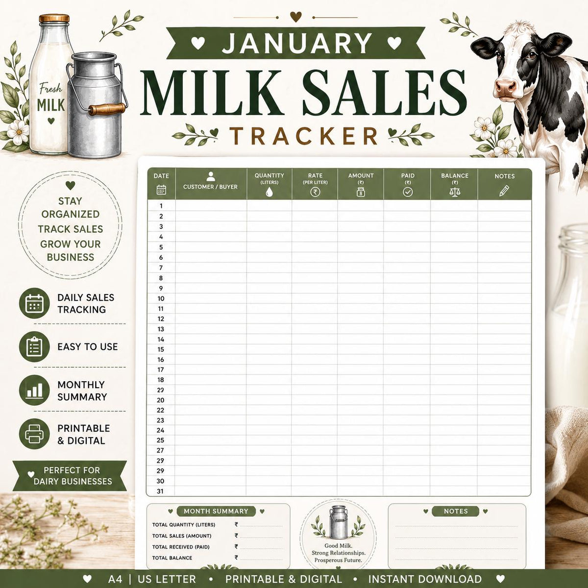 Milk Sales Tracker Printable, Dairy Farm Record Book, Daily Log (Digital Download)