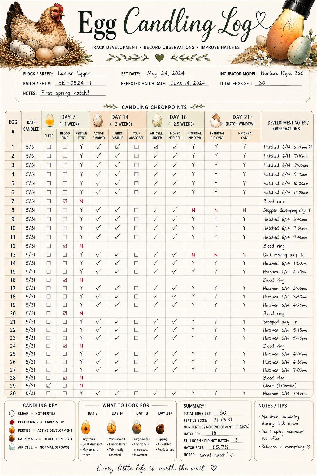Egg Candling Log Printable, Don't Forget the Dates | Chicken Incubation Tracker PDF