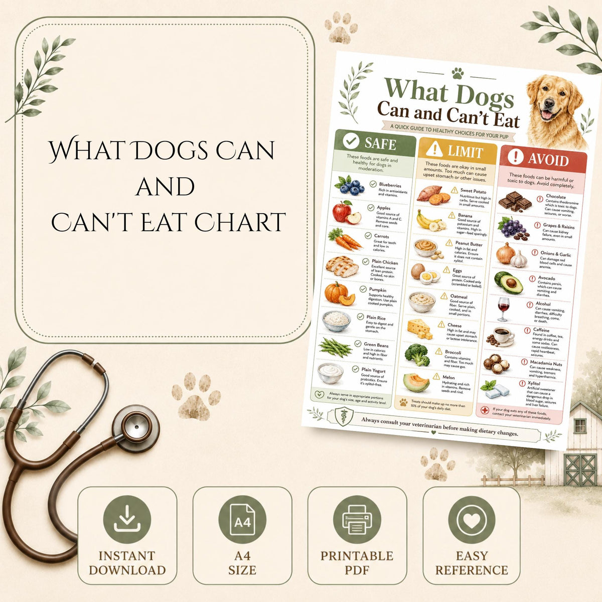 What Dogs Can Eat Charts, Toxic Foods List, Dog Diet Chart, Healthy Feeding Guide for Dogs, Printable PDF