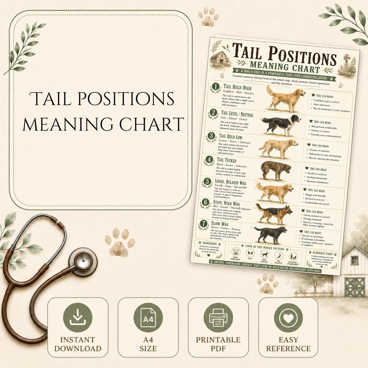 Dog Tail Position Meaning Chart | Canine Body Language Guide (A4 PDF)