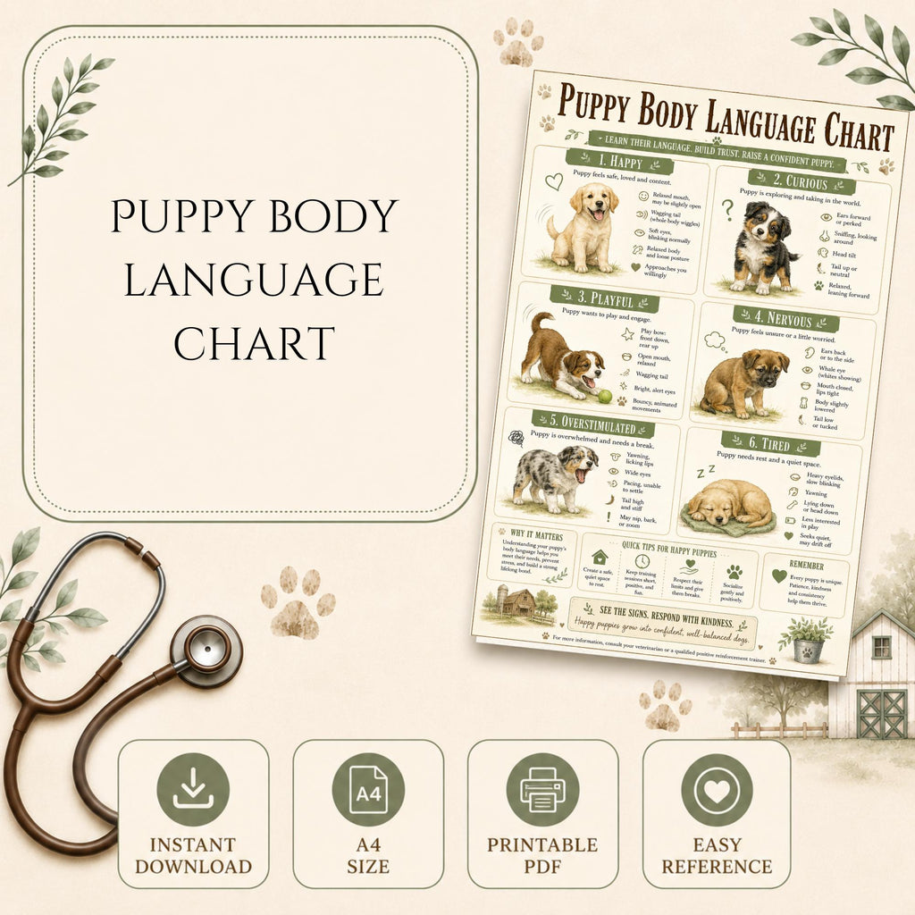 Puppy Body Language Chart | Canine Communication Behavior Guide (A4 PDF)