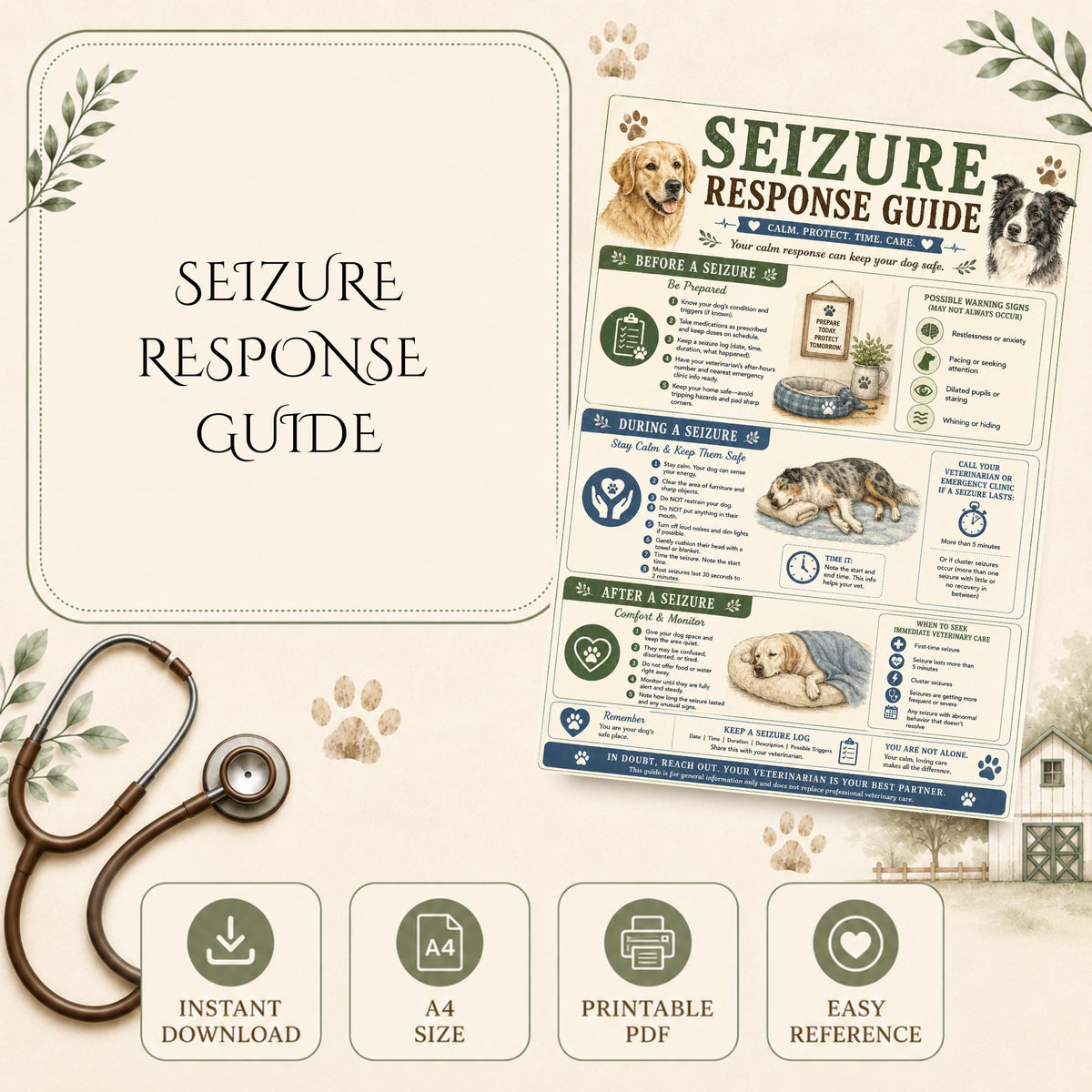Dog Seizure Response Guide | Pet Emergency Chart (A4 PDF)