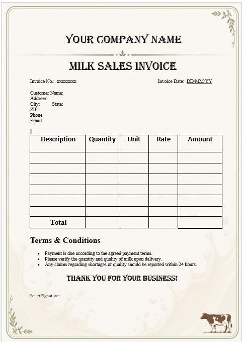 Milk Sales Invoice Template, Dairy Farm Business Form (Word, PDF)