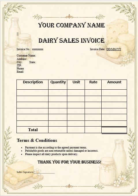 Dairy Sales Invoice Template | Editable Farm Billing (Word/PDF)