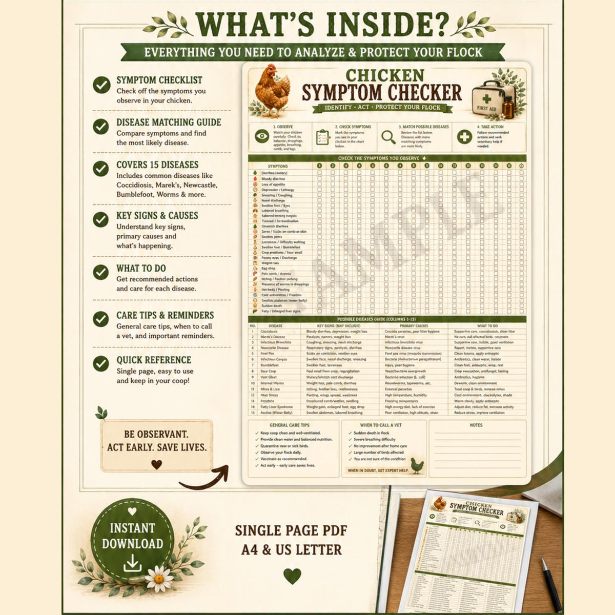 Chicken Symptom Checker Printable PDF | Identify 15 Common Poultry Diseases | Backyard Chicken Health Chart