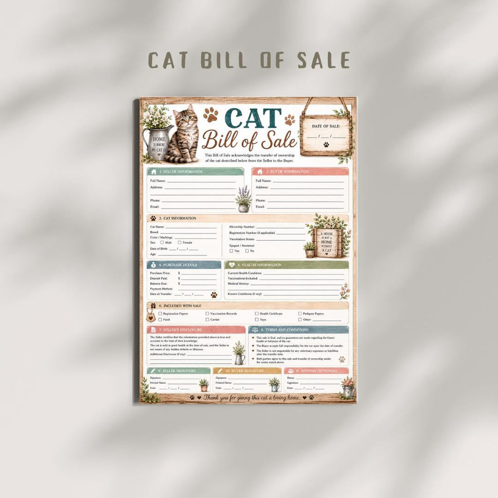 Cat Bill Of Sales Printable PDF, Ownership Transfer Form (A4)