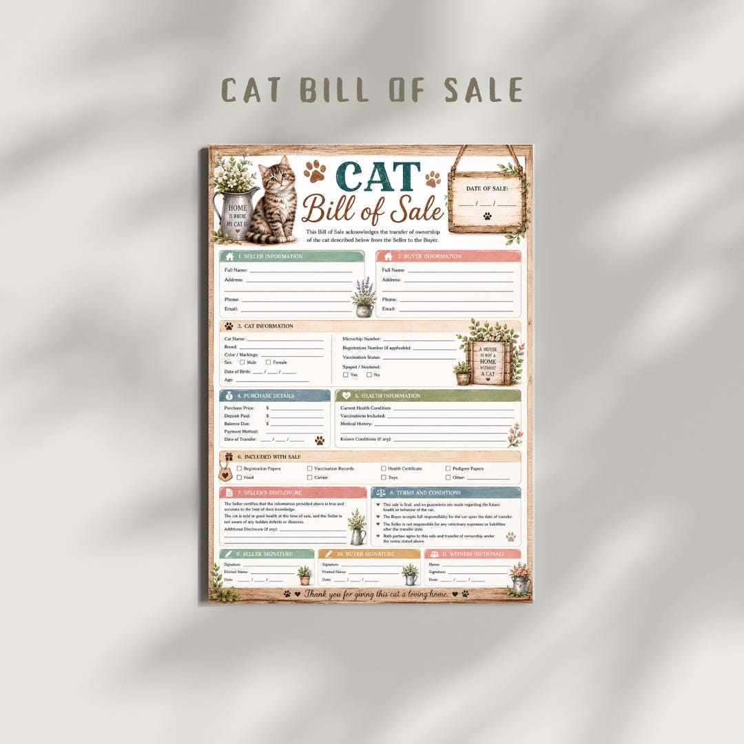Cat Bill Of Sales Printable PDF, Ownership Transfer Form (A4)