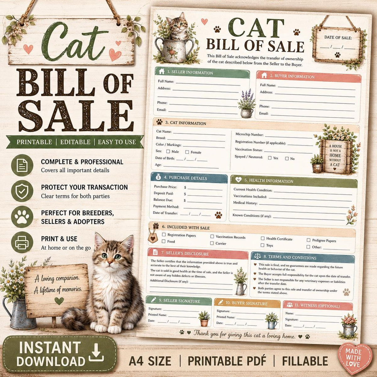 Cat Bill Of Sales Printable PDF, Ownership Transfer Form (A4)