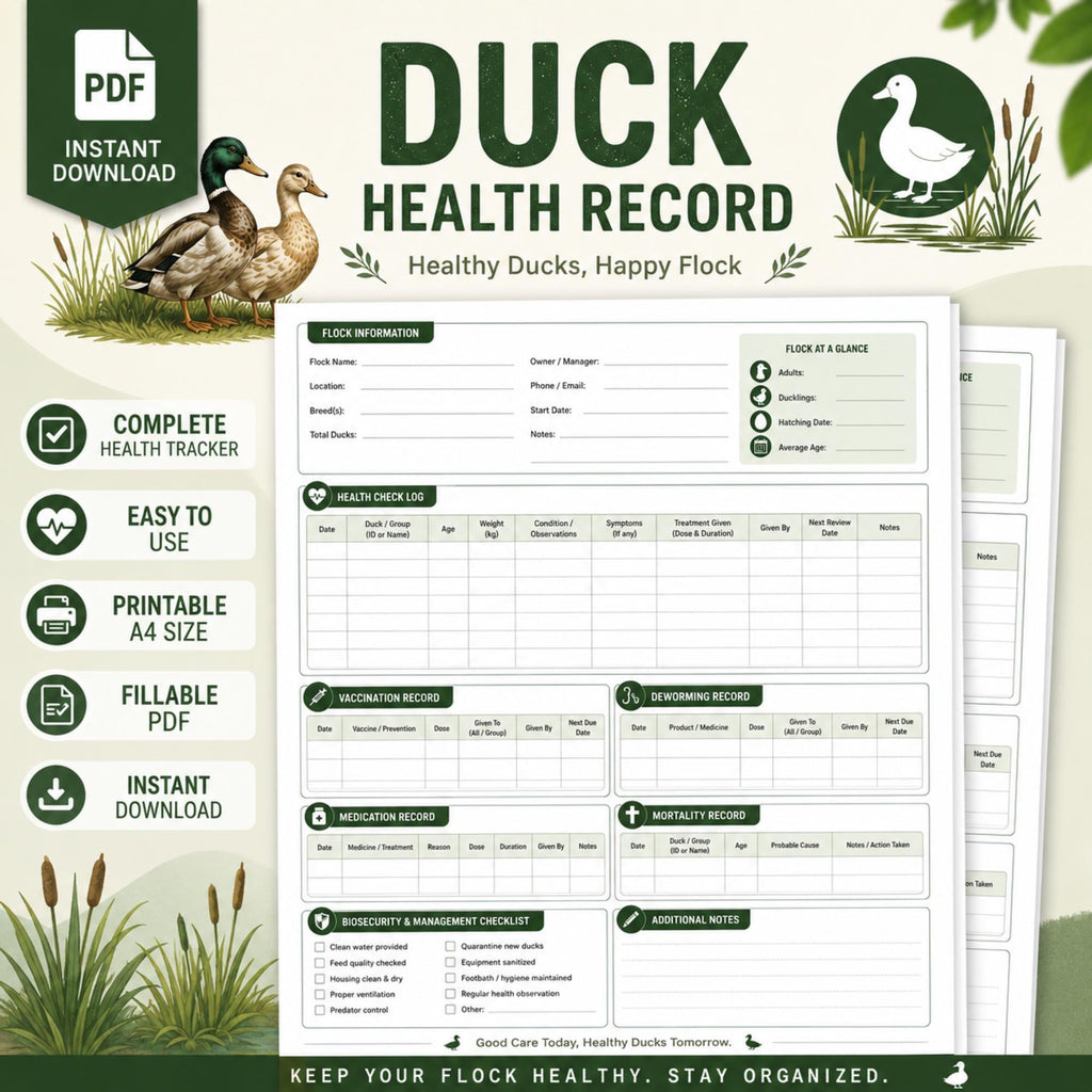 Duck Health Record Tracker | Farm Waterfowl Medical Journal (A4 Printable)