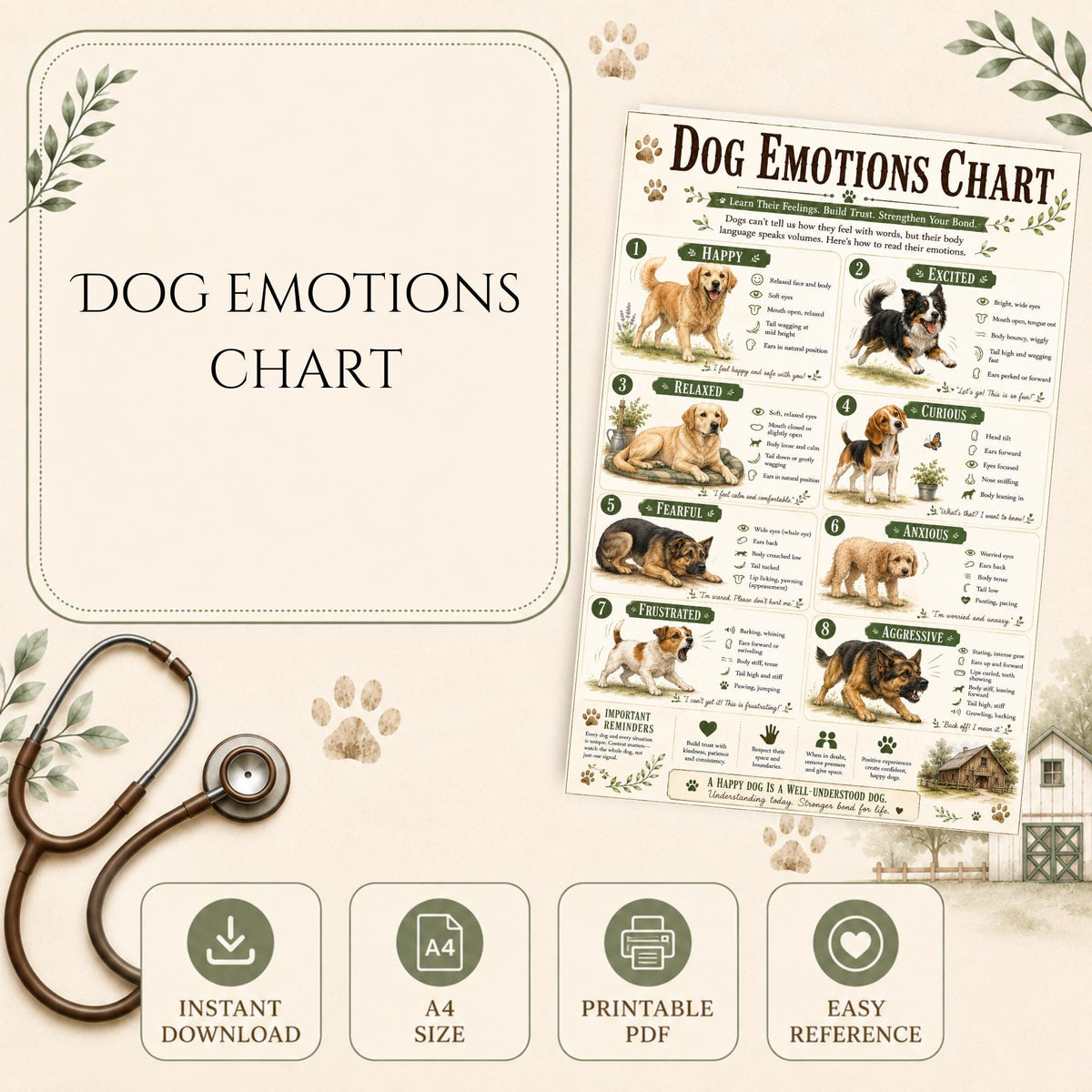 Dog Emotion Chart | Canine Body Language Guide (A4 Printable)