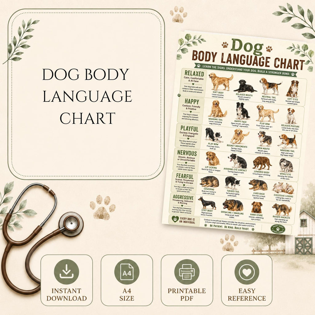 Dog Body Language Chart | Canine Behavior Guide, Pet Reference PDF (A4 Printable)