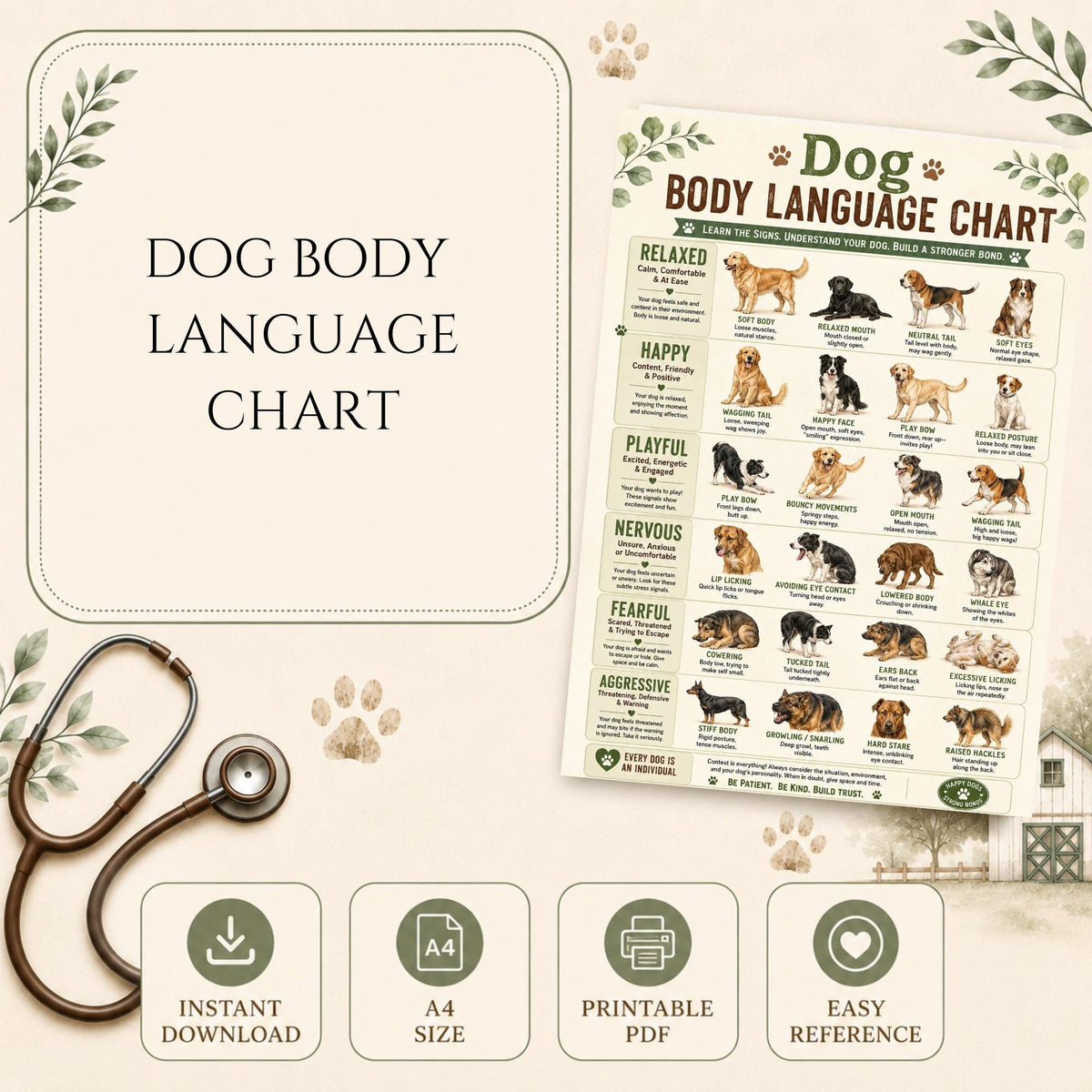 Dog Body Language Chart | Canine Behavior Guide, Pet Reference PDF (A4 Printable)