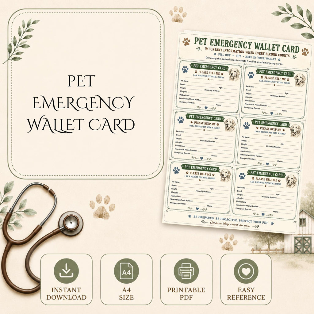 Pet Emergency Wallet Cards Printable | Dog Cat Medical Info PDF (A4 Download)