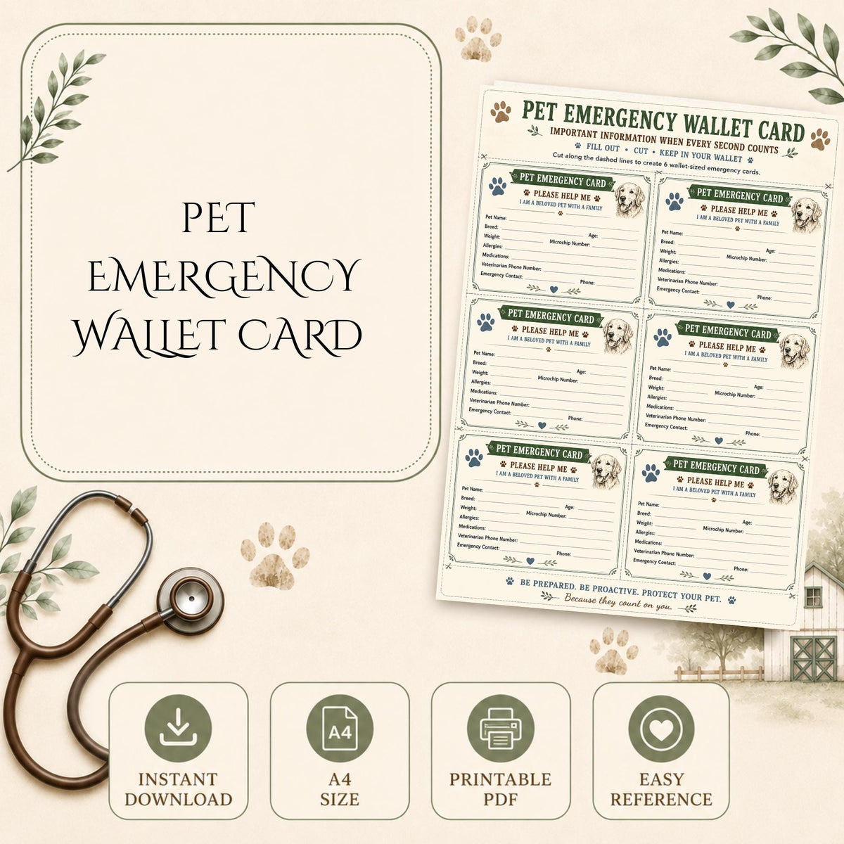 Pet Emergency Wallet Cards Printable | Dog Cat Medical Info PDF (A4 Download)