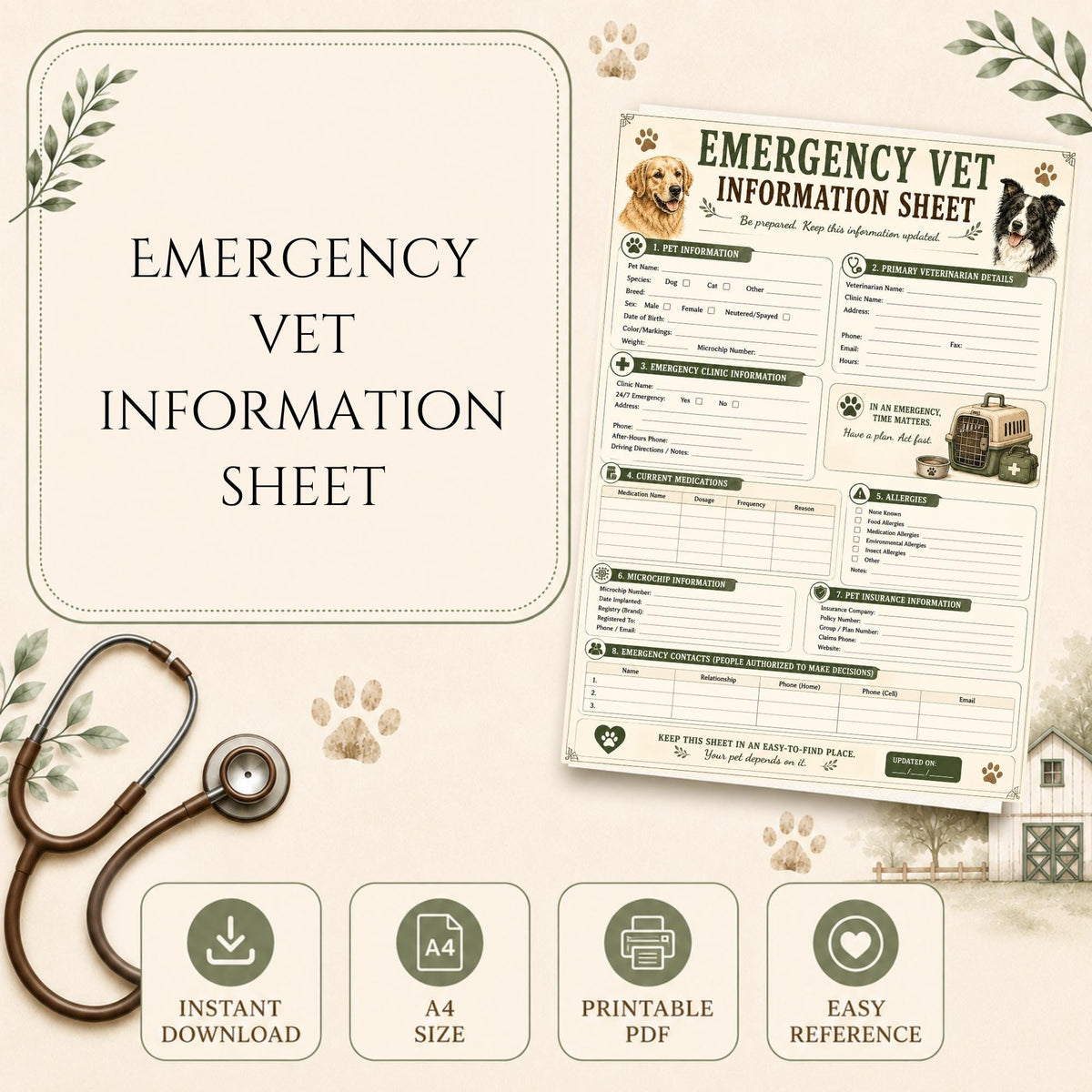 Pet Emergency Vet Information Sheet | Dog Cat Medical Record (A4 PDF)