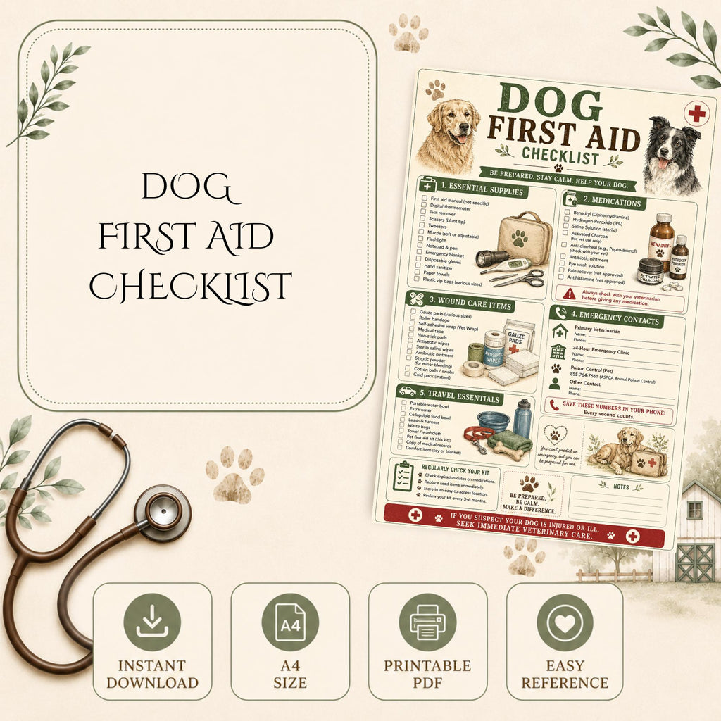 Dog First Aid Checklist Printable | Pet Emergency Supplies Guide (A4 PDF)