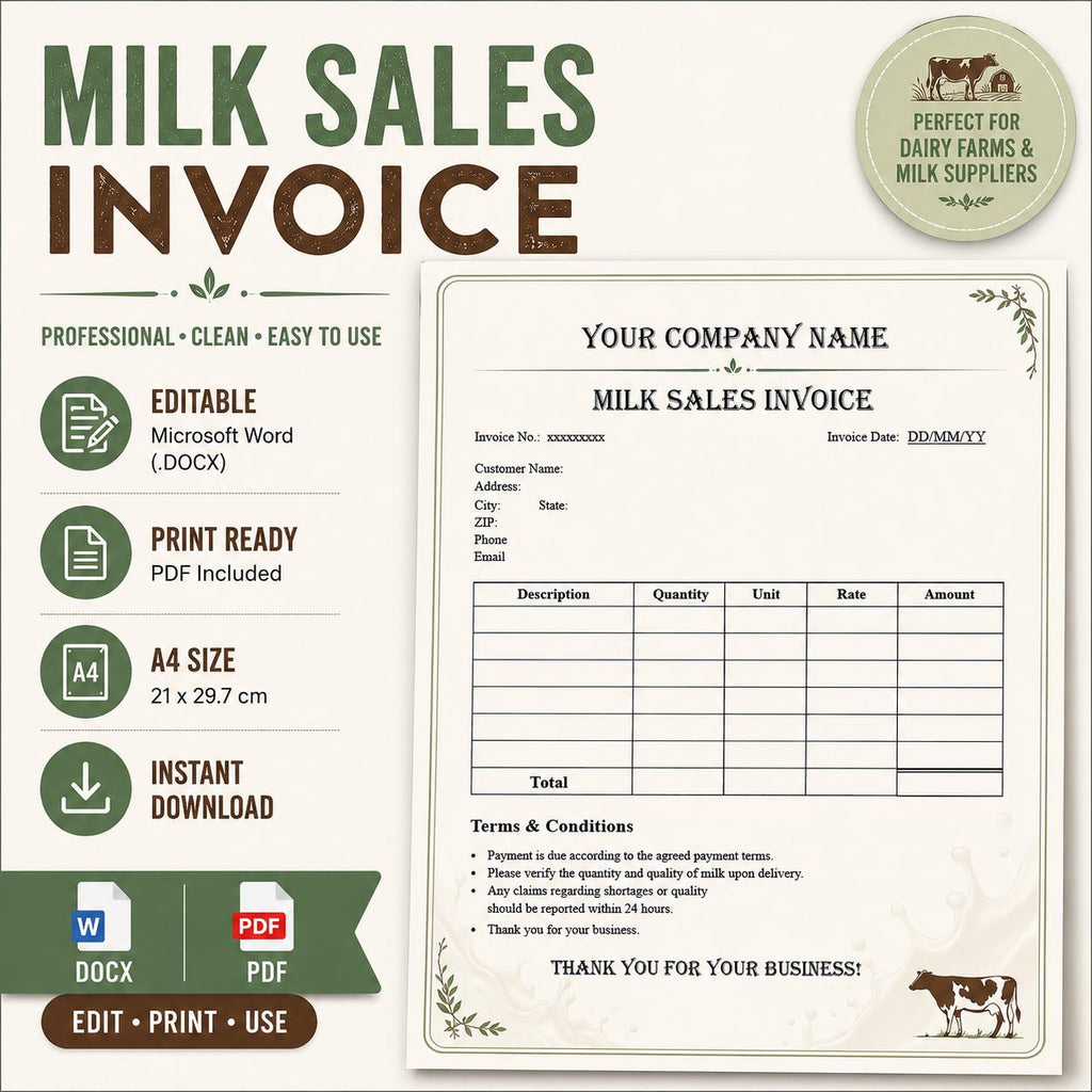 Milk Sales Invoice Template, Dairy Farm Business Form (Word, PDF)