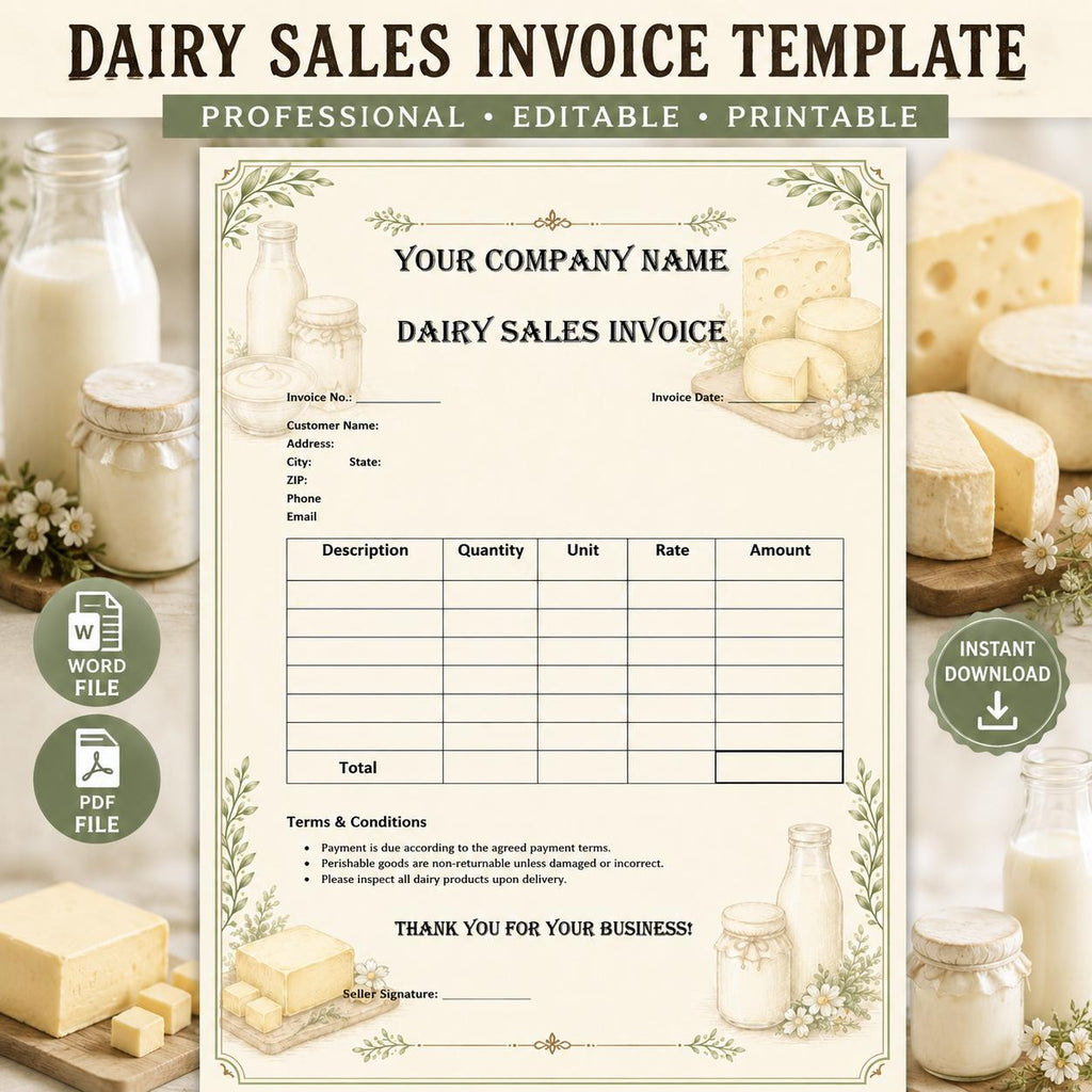 Dairy Sales Invoice Template | Editable Farm Billing (Word/PDF)