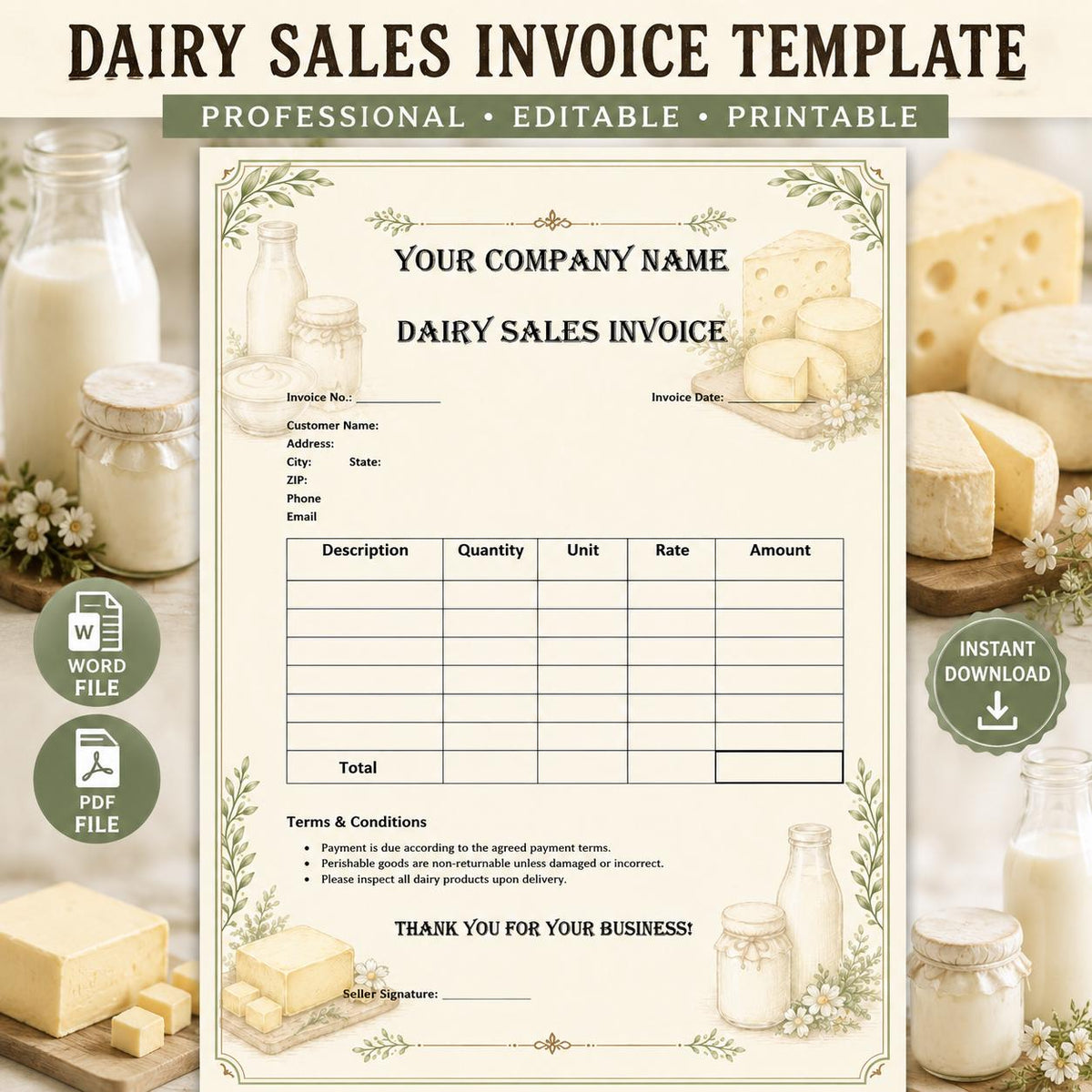 Dairy Sales Invoice Template | Editable Farm Billing (Word/PDF)