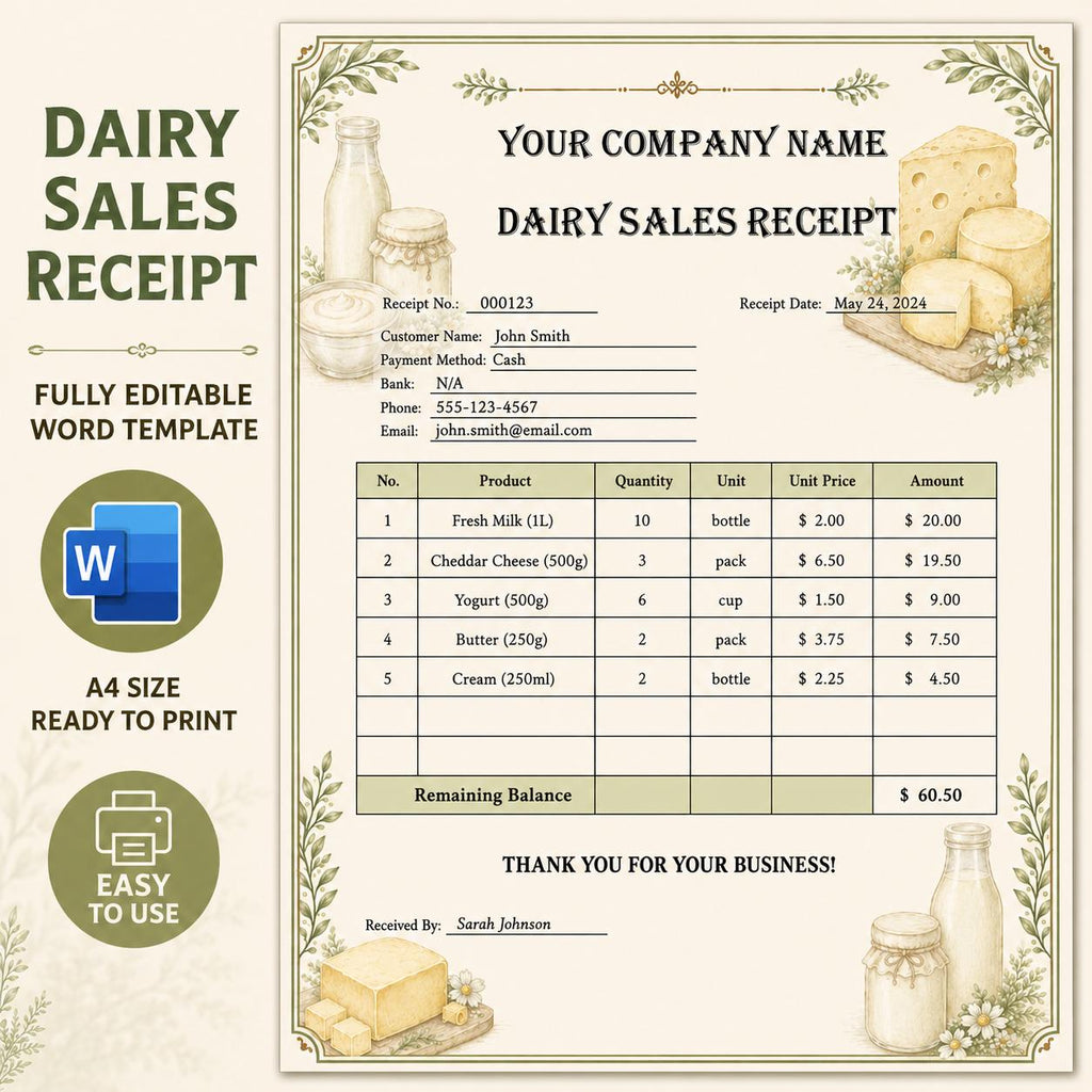 Dairy Sales Receipt Template | Editable Word Farm Receipt (A4 Instant Download)