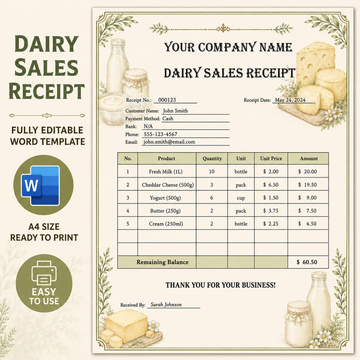 Dairy Sales Receipt Template | Editable Word Farm Receipt (A4 Instant Download)