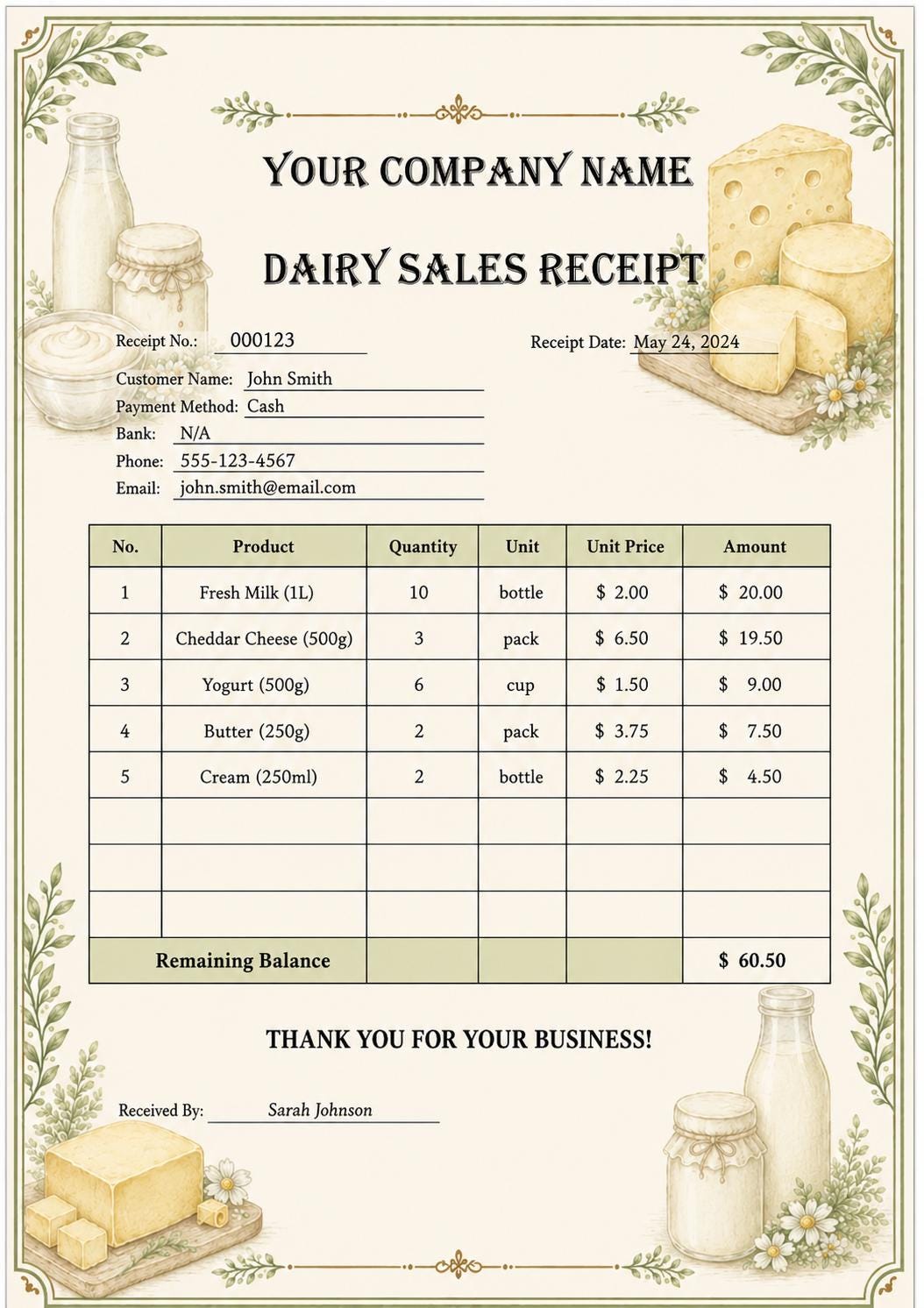 Dairy Sales Receipt Template | Editable Word Farm Receipt (A4 Instant Download)