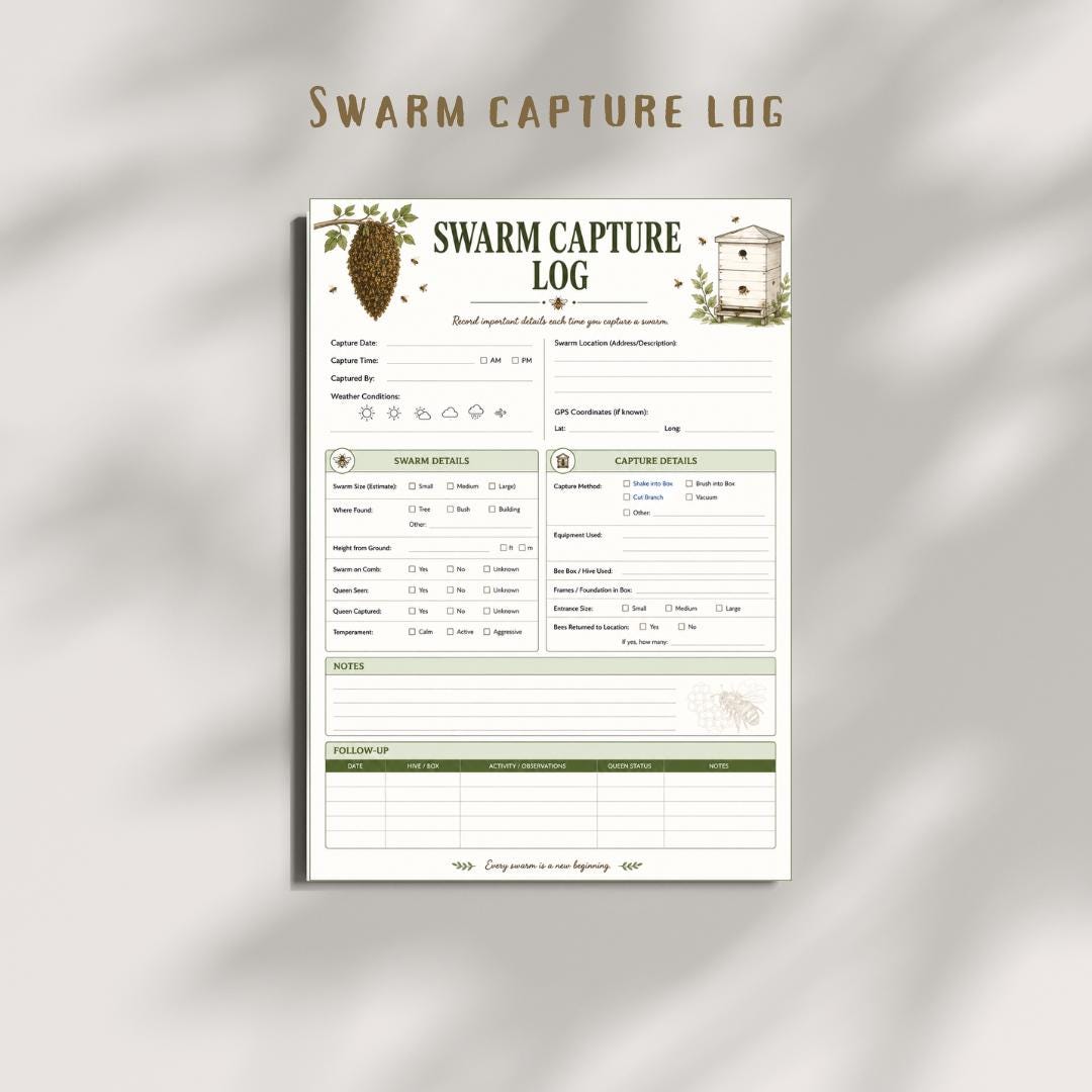 Swarm Capture Log Printable | Beekeeping Record Keeper (A4 PDF)