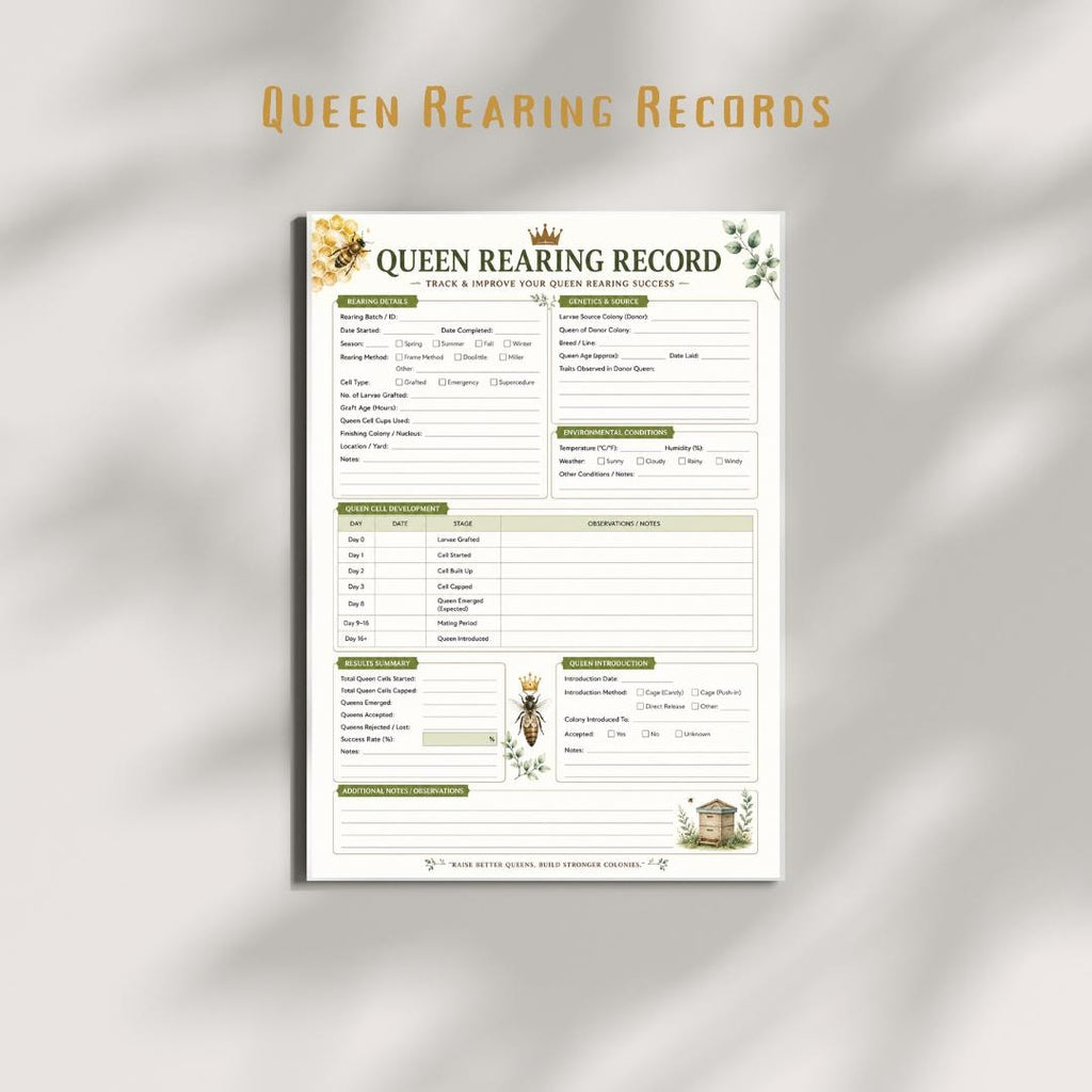 Queen Rearing Record Printable PDF | Beekeeping Log Sheet, A4 Beekeeper Tracker