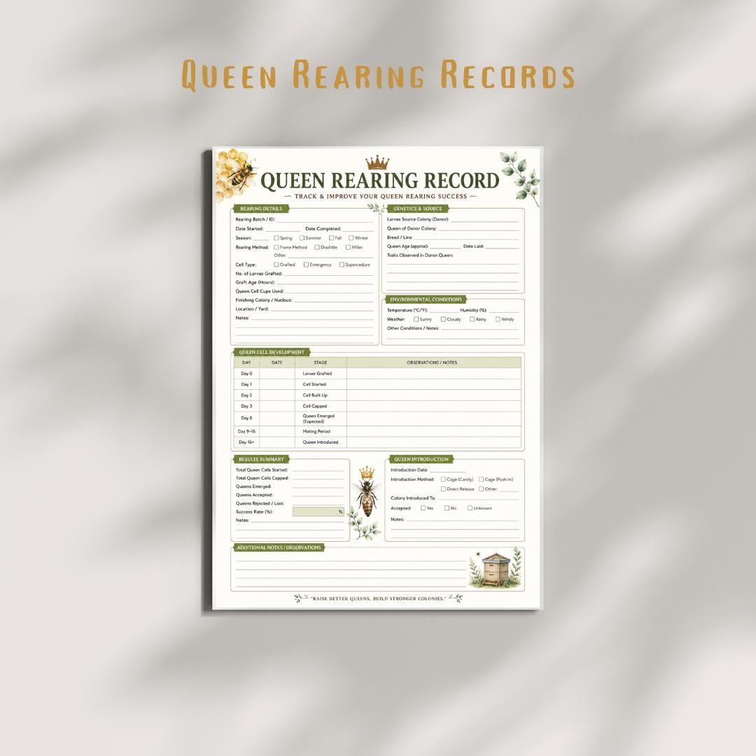 Queen Rearing Record Printable PDF | Beekeeping Log Sheet, A4 Beekeeper Tracker