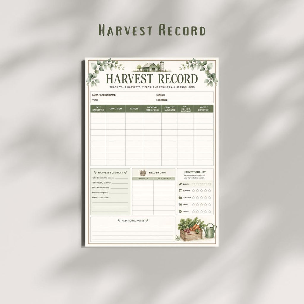 Harvest Record Tracker Printable PDF | Garden Yield Log (A4)