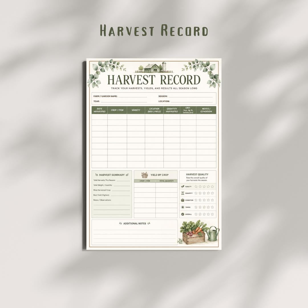 Harvest Record Tracker Printable PDF | Garden Yield Log (A4)