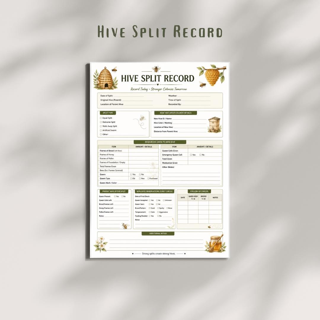 Hive Split Record Printable, Beekeeping Log Sheet, Apiary Management Tracker (PDF)