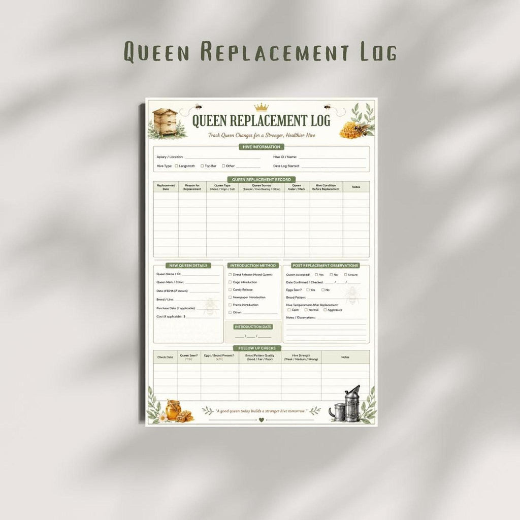 Queen Replacement Log Printable, A4 PDF for Efficient Hive Management