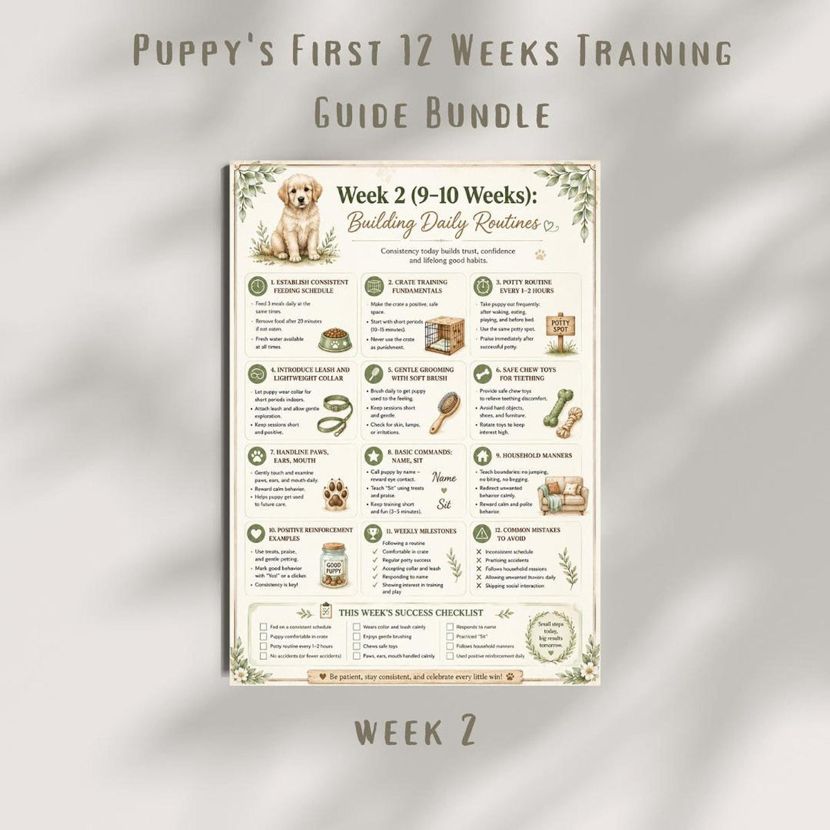 New Puppy Guide, 12-Week Training Plan - Printable PDF, Potty Leash Socialization Checklist | Digital