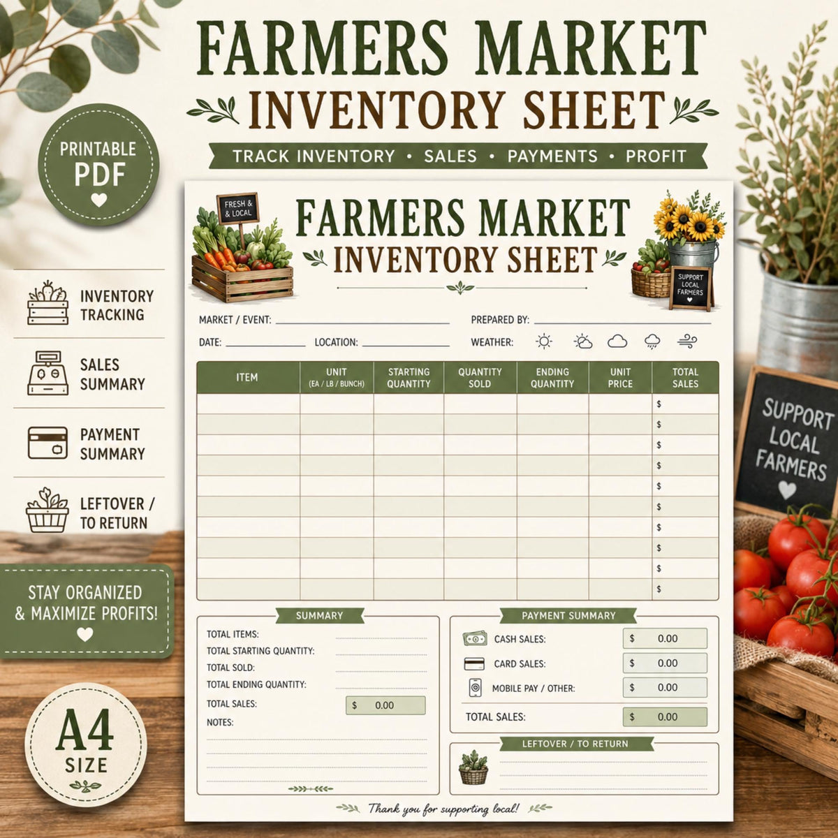 Farmers Market Log Printable PDF, Produce Sales Record and Inventory Tracker
