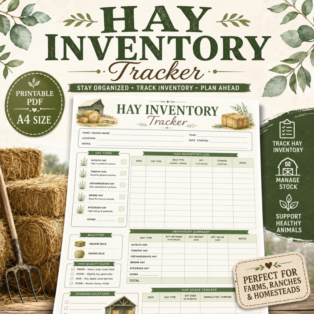 Hay Inventory Log Printable PDF | Track Hay Bale Usage and Storage