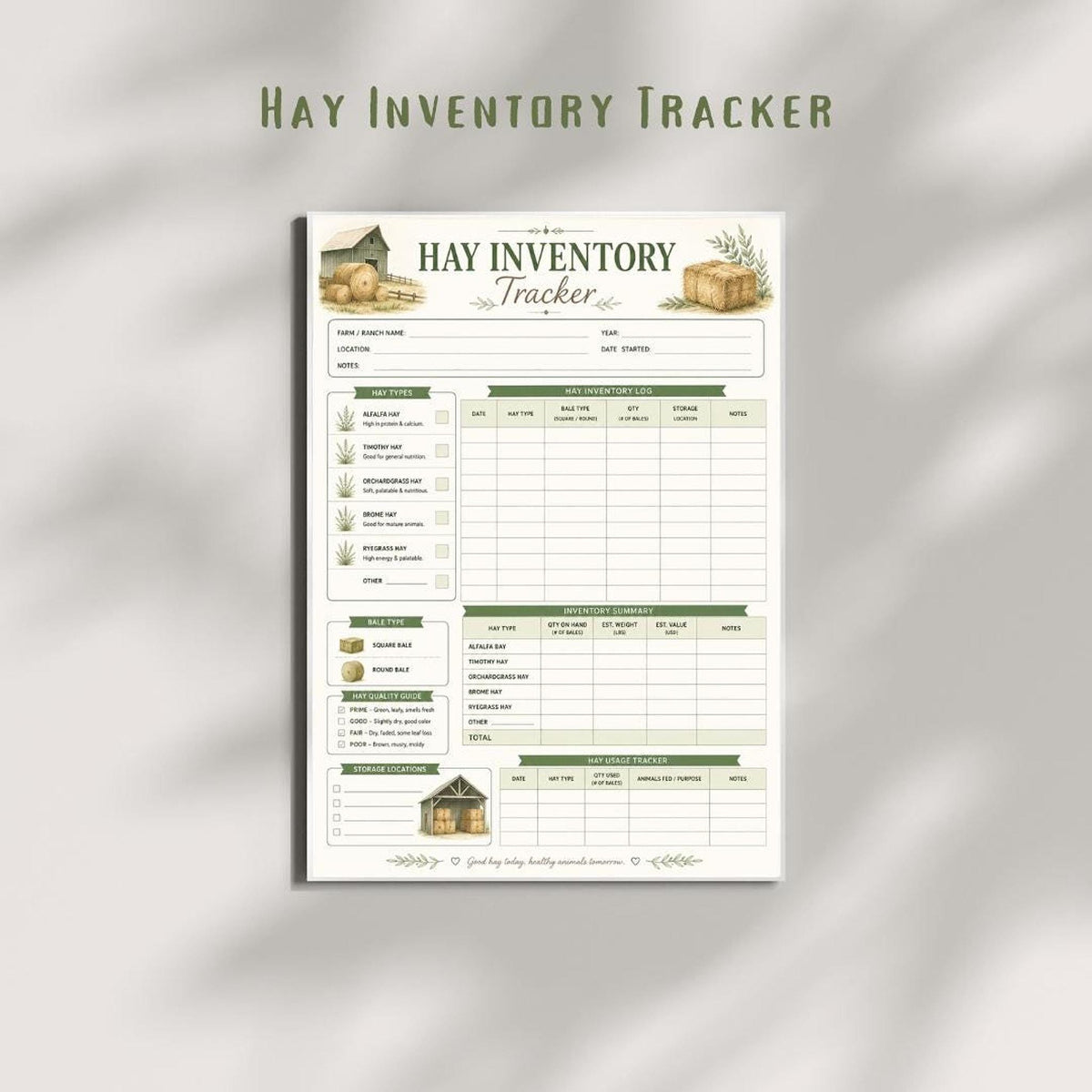 Hay Inventory Log Printable PDF | Track Hay Bale Usage and Storage