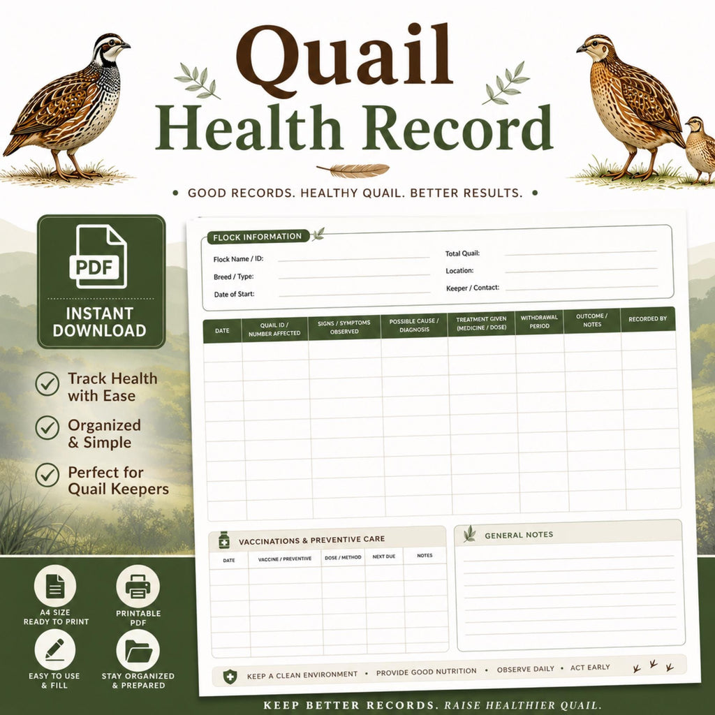 Quail Health Log Printable PDF, A4 Poultry Tracker for Care