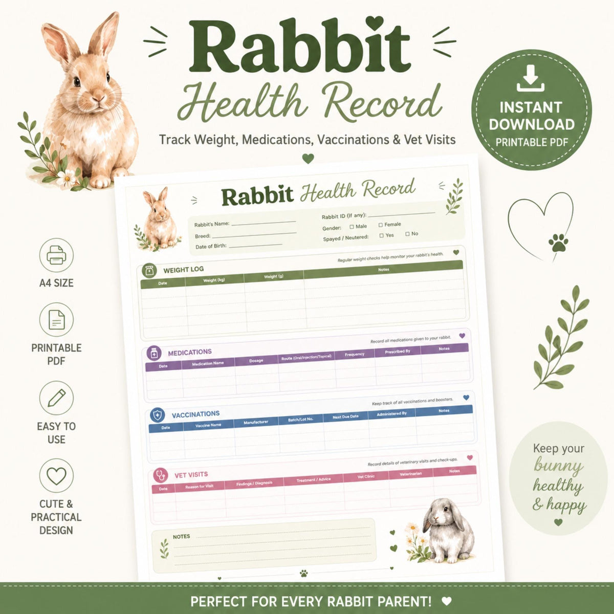 Rabbit Health Record Printable PDF, Track Weight, Medications, Vaccinations & Vet Visits