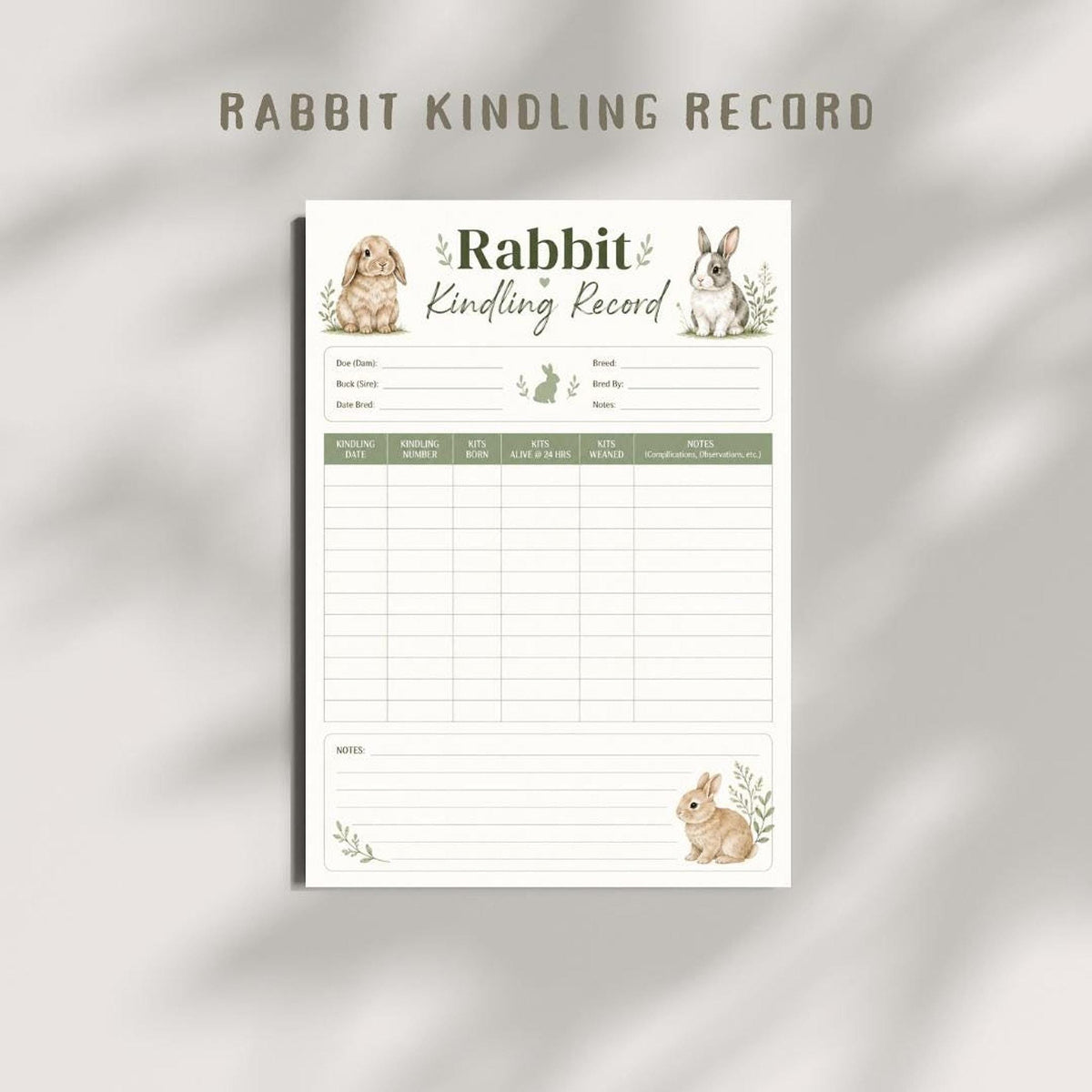 Rabbit Breeding Log | Kindling Record PDF for Breeders, Instant Download