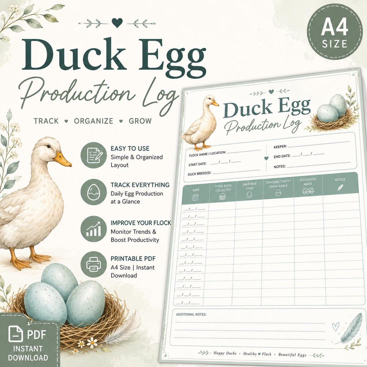 Duck Egg Production Log, Farm Planner, Poultry Tracker (A4 PDF Download)